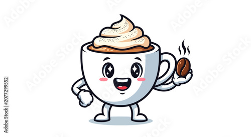 Cute cartoon coffee cup character holding a roasted coffee bean