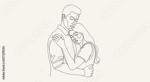 Continuous line drawing of romantic couple embracing together