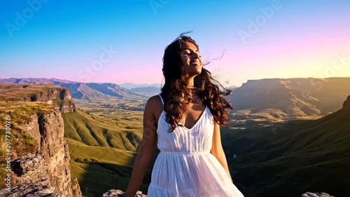 Joyful woman with arms outstretched on mountain peak at sunset