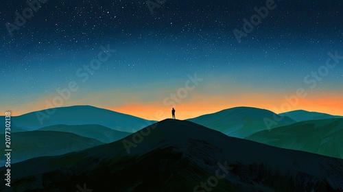 Lone Figure Silhouetted on Mountain Peak at Sunrise Over Rolling Hills.
