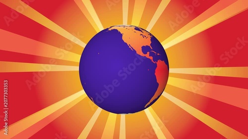 Earth globe rotating with orange sunburst rays