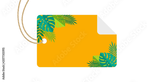 Vibrant yellow summer sale tags with lush tropical leaves, perfect for promotional offers and seasonal discounts