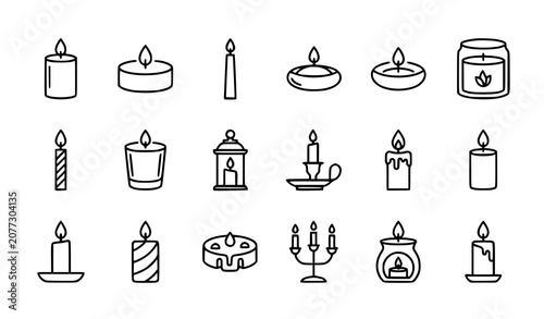 Bild auf Leinwand Set of 16 Candle Outline Icons with Tea Light Pillar Birthday and Aromatherapy C