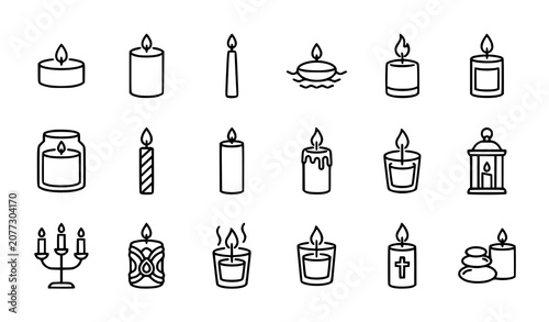 Quadro em tela Minimal Candle Outline Icon Set with Tea Light Aromatherapy Birthday and Decorat