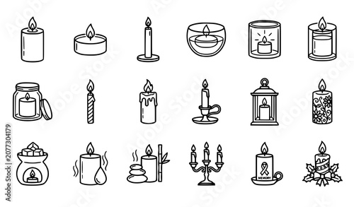 Tableau sur toile Editable Candle Line Icon Collection with Tea Light Pillar Decorative and Spa Ca