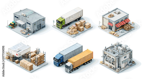 Fotografía Isometric Warehouse Buildings Trucks And Shipping Containers In A Logistics Indu