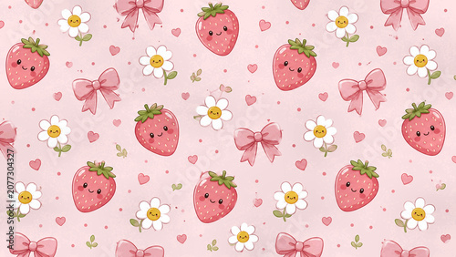 Cute strawberry daisy bow seamless pastel repeating pattern background