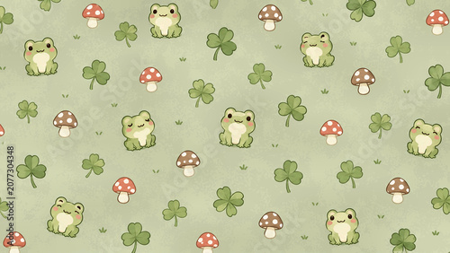 Cute frog clover mushroom seamless green repeating pattern background