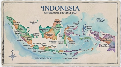 Watercolor map of Indonesia with provinces and oceans labeled