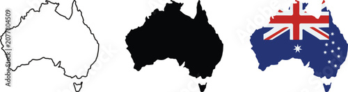 Foto Three variations of the australia country map shape including a black outline, a
