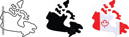 Three variations of the canada country map shape including a black outline, a solid black silhouette, and a version filled with the red and white canadian national flag and leaf