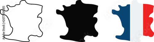 Three variations of the france country map shape including a black outline, a solid black silhouette, and a version filled with the blue, white, and red french national flag colors
