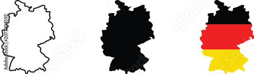 Three variations of the germany country map shape including a black outline, a solid black silhouette, and a version filled with the black, red, and gold german national flag colors