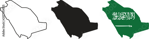 Three variations of the saudi arabia country map, including a simple black outline, a solid black silhouette, and a detailed map filled with the official green and white saudi arabian