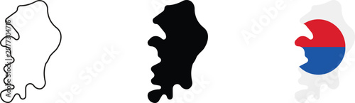 Three variations of the south korea country map, including a simple black outline, a solid black silhouette, and a detailed map filled with the official red, blue, and white south korean