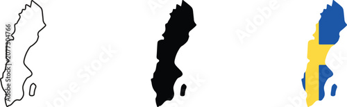Three variations of the sweden country map, including a simple black outline, a solid black silhouette, and a detailed map filled with the official blue and yellow swedish national flag