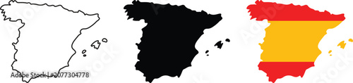 Three variations of the spain country map, including a simple black outline, a solid black silhouette, and a detailed map filled with the official red and yellow spanish national flag colors