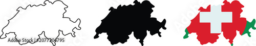 Three variations of the switzerland country map, including a simple black outline, a solid black silhouette, and a detailed map filled with the official red and white swiss national flag