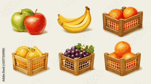 Photos Pixel Art Fruits In Wooden Crates And Two Loose Apples With Bananas Against A Li