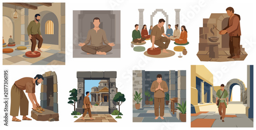 Photos Set of flat vector illustrations depicting ancient spiritual practices, meditati