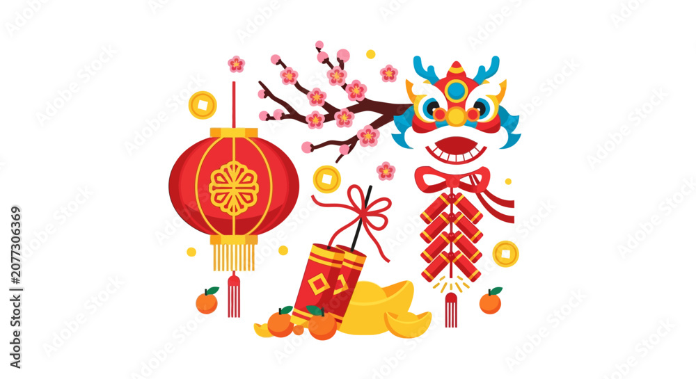 Naklejka premium Chinese New Year lion dance decorations.