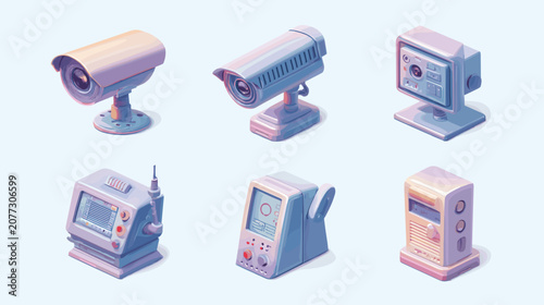 Fotografía Pixel Art Surveillance System Icons With Security Cameras Monitors And Retro Tec