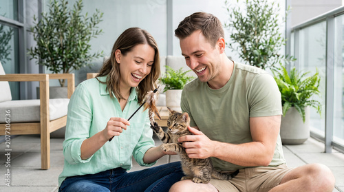 Happy young couple playing with their cat on home terrace