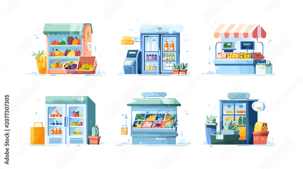 Fototapeta premium Six Storefronts and Refrigerated Displays Filled With Fresh Produce and Drinks