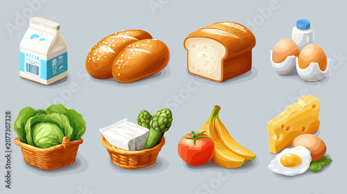 Obraz na plátně Still Life of Pixel Art Groceries with White Milk Bread Cheese Eggs and Produce