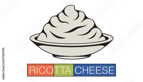 Fotografía Very beautiful black and white vector of RICOTTA CHEESE featuring soft creamy texture in a serving bowl, isolated on white background, with a bold label reading RICOTTA CHEESE beneath