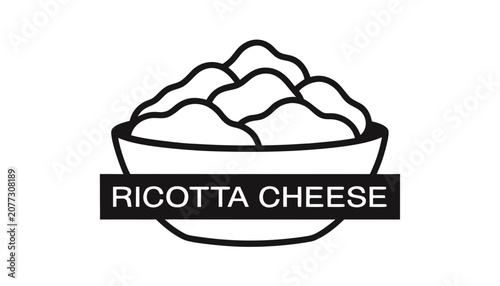 Fotografie Very beautiful black and white vector of RICOTTA CHEESE featuring soft creamy texture in a serving bowl, isolated on white background, with a bold label reading RICOTTA CHEESE beneath