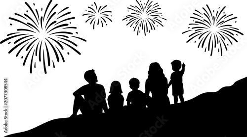 Silhouette of a family watching fireworks isolated on white background vector illustration