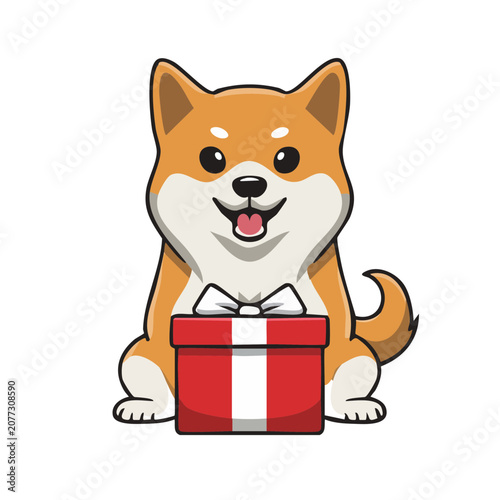 Cartoon Shiba Inu Dog with Gift Box