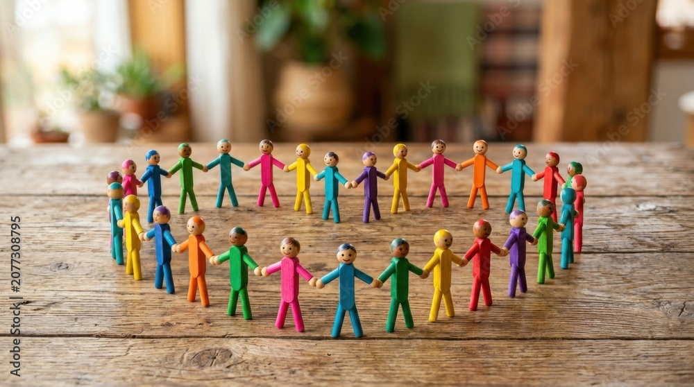 Fototapeta premium Cheerful and playful small wooden figures in a Community organizations partner with or benefit from service