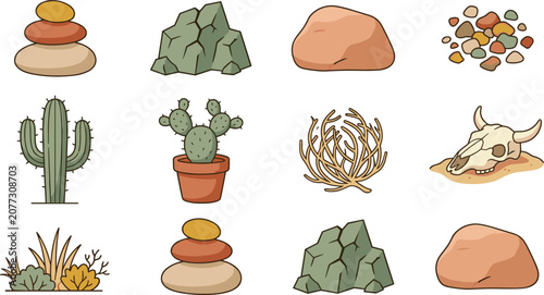 Photos Desert landscape elements vector illustration set featuring saguaro cactus potted prickly pear rocks tumbleweed gravel and cow skull isolated on white background