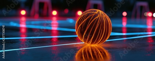 Glowing Orange Sphere on a Futuristic Neon Lit Surface.