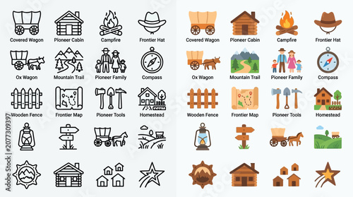 Tableau sur toile Collection of Western-themed icons and illustrations in both outline and color styles
