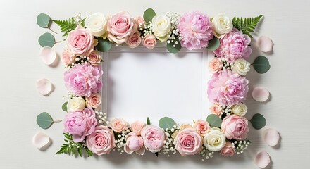Beautiful floral frame with pink and white roses and green leaves on white background
