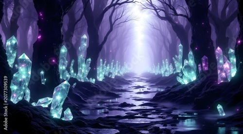 Surreal Bioluminescent Crystal Forest with Violet and Emerald Glowing Trees on Dark Obsidian Floor Fantasy Nature Scene