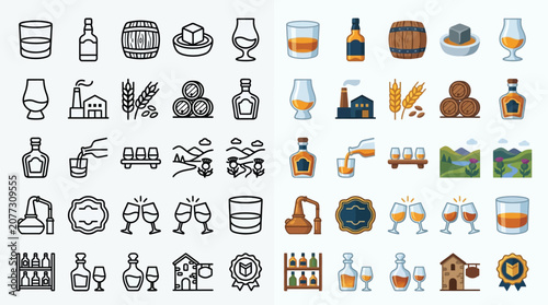 Fotografía Collection of flat icons representing whiskey production, tasting, and enjoyment, with both outline and color versions
