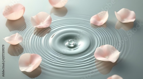 Zen Chromatic Meditation - Minimalist Concentric Water Ripples with Dewdrop and Geometric Petals, Sage Green Dusty Rose Flat Lay