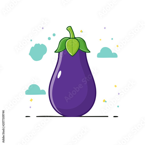 Purple Eggplant with Green Leaves Flat Vector Illustration