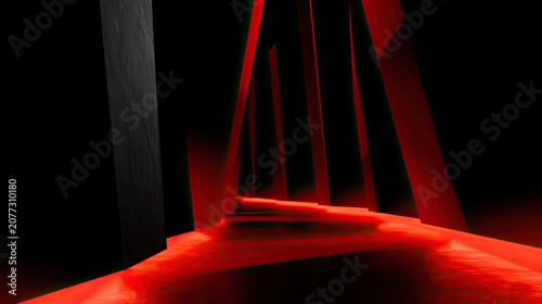 Abstract Red Light Tunnel with Geometric Shapes and Dark Background.
