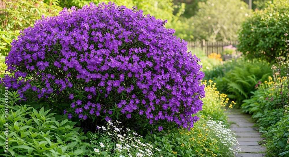 Obraz premium Beautiful purple lilac bush in a vibrant garden landscape with green foliage and pathway