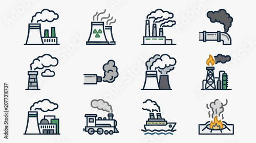Modern Minimalist Icons of Industrial Pollution and Emissions from Various Sources in Black White and Gray