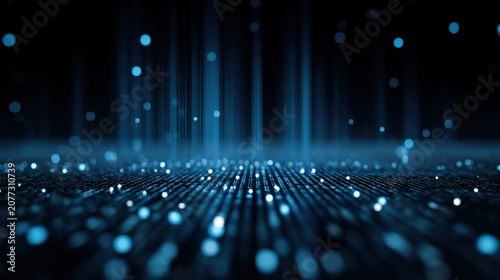 Abstract digital background with blue glowing particles and vertical lines creating a sense of depth and movement in a dark environment