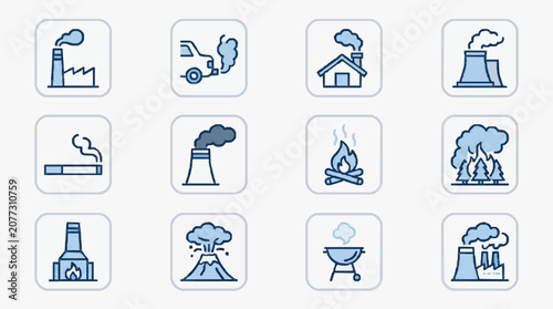 Minimalist Blue Grey Illustrations of Various Pollution and Emission Sources with Smoke and Fire Effects