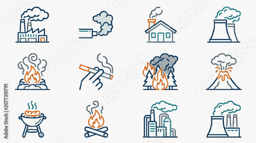 Elegant Line Art Illustrations of Various Sources of Smoke Pollution and Emissions in Minimalist Design