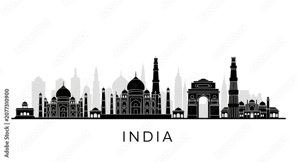 Obraz premium Iconic India Landmarks Silhouette Skyline - Taj Mahal, India Gate, Temples