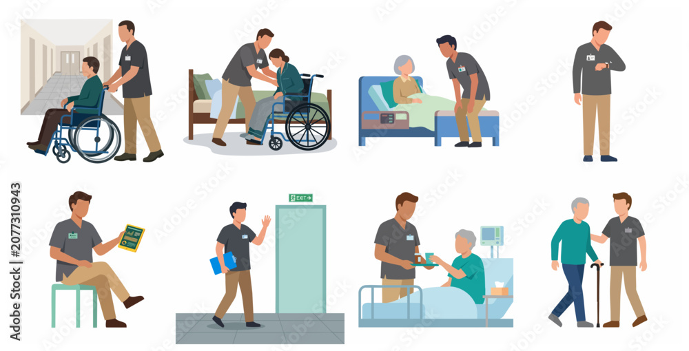 Fototapeta premium Professional male caregivers assisting elderly patients in a nursing home or hospital set, medical staff providing care and support to senior people, flat vector illustration